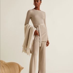MANGO BEIGE SIDE SLIT SWEATER WITH TIE WAIST- US S